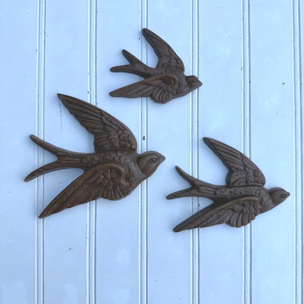 Vintage Burwood Products 1983 Bird Wall Hanging Set 3 Faux Wood Swallows 2650
